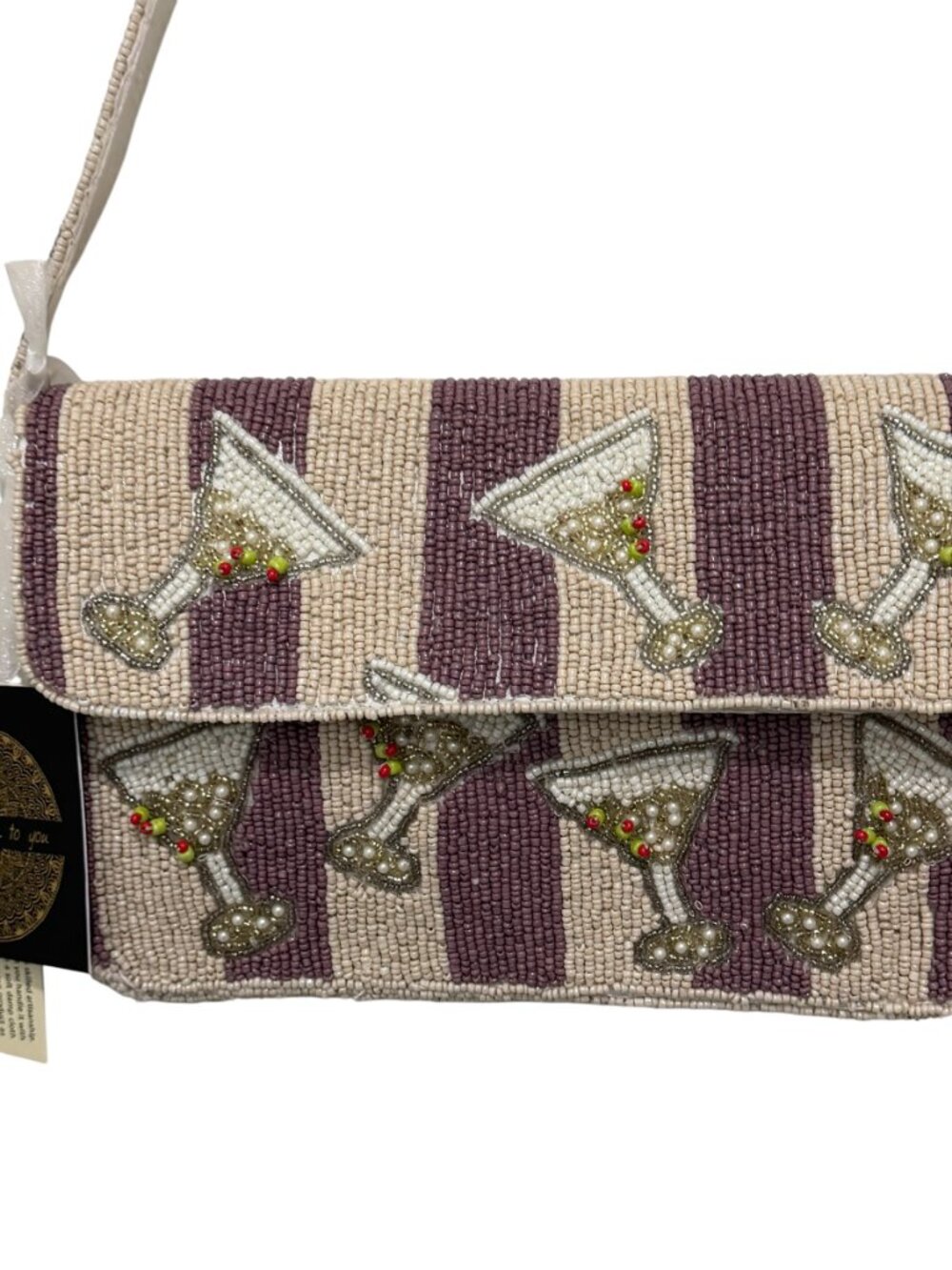 Dirty Martini Olives Striped Beaded Bag with Keychain Charm Handmade India  NWT - Picture 5 of 6